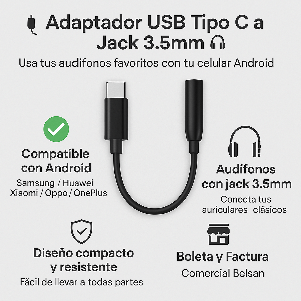 Adaptador USB C a Audifonos Jack 3.5mm - Adaptador para Teléfono - Generico - COMERCIAL BELSAN SPA - 310010120100100