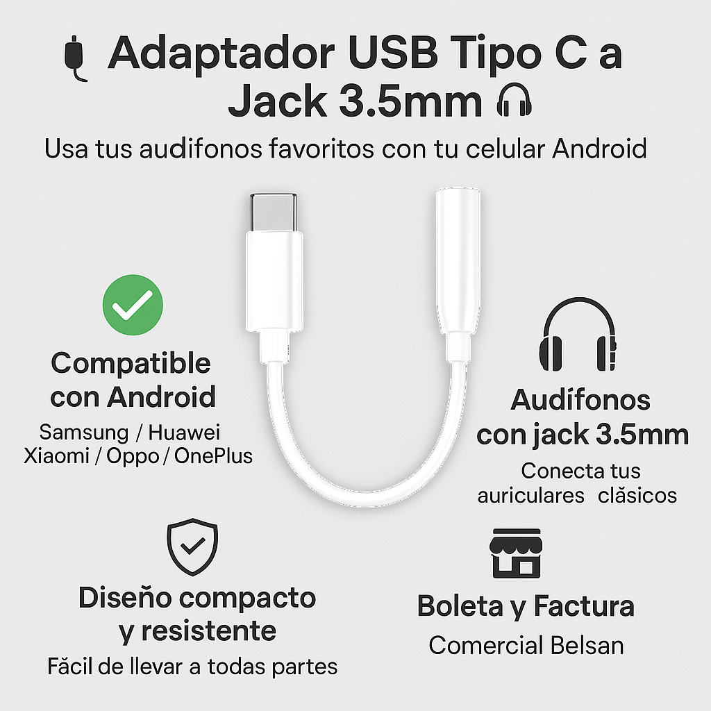 Adaptador USB C a Audifonos Jack 3.5mm - Adaptador para Teléfono - Generico - COMERCIAL BELSAN SPA - 310010120100102