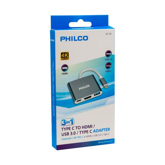 Multi adaptador USB - C a HDMI + USB - C + USB 3.0 3 en 1 PHILCO - PHILCO - COMERCIAL BELSAN SPA - 2987242178293